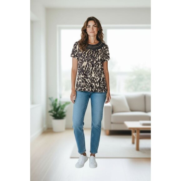 Chico's Blouse Women's Size L Beaded Animal Print Short Sleeve - Picture 1 of 7